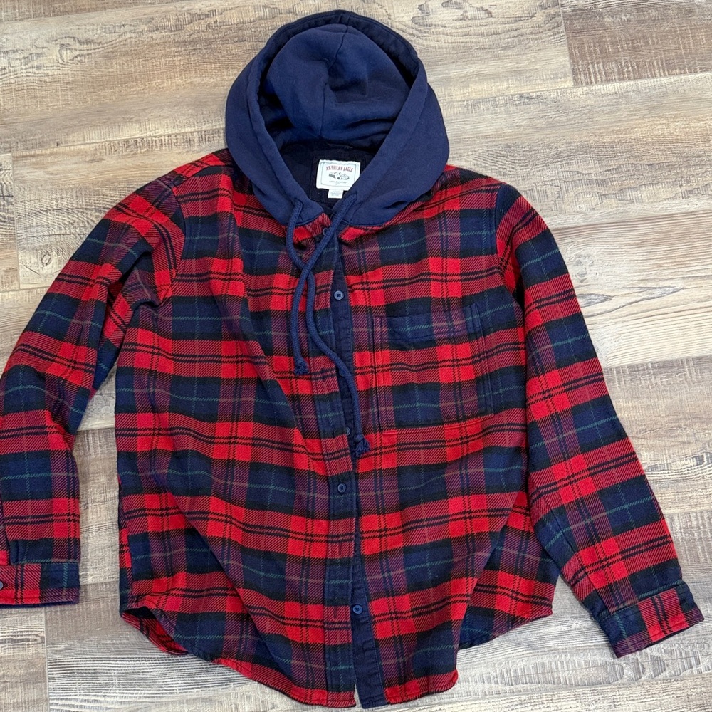 American Eagle Outfitters Red and Navy Plaid Shirt with Navy Hood Womens small